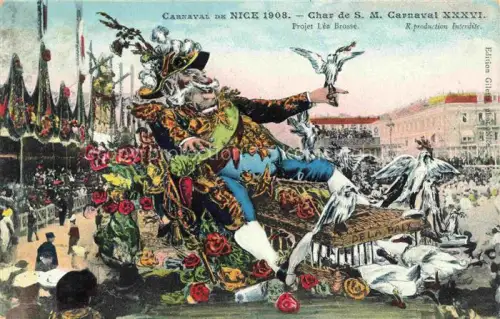 AK / Ansichtskarte NICE   Nizza 06 Alpes-Maritimes Carnaval Festwagen Char-S.M.-Carnaval Figur Tauben Handkoloriert Menschenmenge Rosen