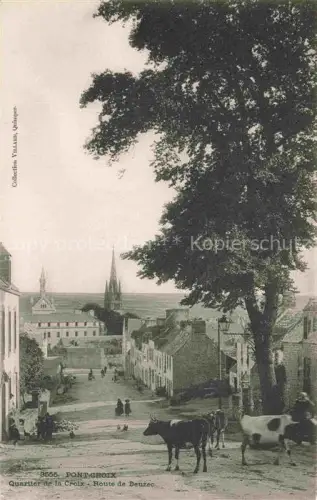 AK / Ansichtskarte Pont-Croix Pontcroix Quimper 29 Finistere Route-de-Beuzec Kirchturm Strasse Kuehe Haeuser Baum Dorfansicht