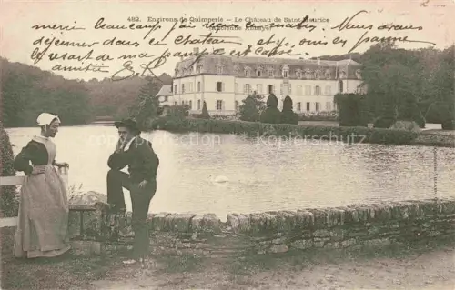 AK / Ansichtskarte Quimperle 29 Finistere Château-de-Saint-Maurice Abbaye Teich Schwan Bretonin Tracht Park Herrschaftshaus