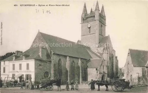 AK / Ansichtskarte Quimperle 29 Finistere Eglise Place-Saint-Michel Kirchturm Pferdewagen Tracht Haeuser Platz