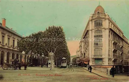 AK / Ansichtskarte NICE   Nizza 06 Alpes-Maritimes Boulevard-Mac-Mahon Strassenbahn Café Kutsche Allee Jugendstil handkoloriert