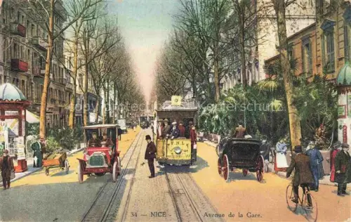 AK / Ansichtskarte NICE   Nizza 06 Alpes-Maritimes Avenue-de-la-Gare Strassenbahn Automobile Fahrrad Allee Palmen handkoloriert