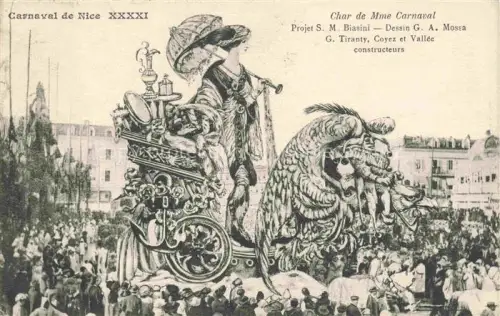 AK / Ansichtskarte NICE   Nizza 06 Alpes-Maritimes Carnaval Festwagen Madame-Carnaval Drachenfigur Menschenmenge Entwurf Biasini Mossa