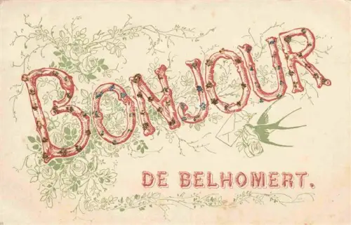 AK / Ansichtskarte Belhomert-Guehouville 28 Eure-et-Loir Bonjour-de Schwalbe Rosen Blumen Grusskarte Buchstaben