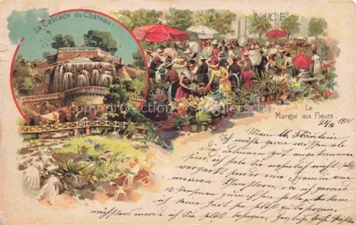 AK / Ansichtskarte NICE   Nizza 06 Alpes-Maritimes Cascade-du-Château Marché-aux-Fleurs Wasserfall Blumenmarkt Sonnenschirme Lithographie Mehrbildkarte