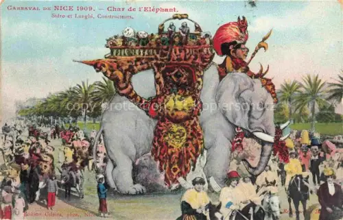 AK / Ansichtskarte NICE   Nizza 06 Alpes-Maritimes Carnaval Festwagen Char-de-l Éléphant Sidro Lunghi Elefant Menschenmenge Handkoloriert Palmen