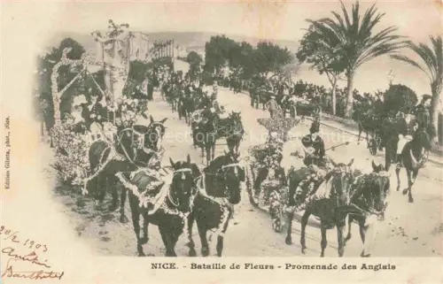 AK / Ansichtskarte NICE   Nizza 06 Alpes-Maritimes Bataille-de-Fleurs Promenade-des-Anglais Blumenwagen Pferde Palmen Festumzug Zuschauer