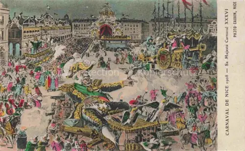 AK / Ansichtskarte NICE   Nizza 06 Alpes-Maritimes Carnaval-XXXVI Sa-Majeste-Carnaval Umzugswagen Riesenfigur Festplatz Menschenmenge Fackeln Feuerwerk