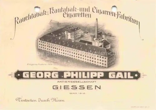 AK / Ansichtskarte GIEssEN  Lahn Georg-Philipp-Gail Tabakfabrik Fabrik Fliegeraufnahme Rauchtabak Kautabak Cigaretten Aktiengesellschaft