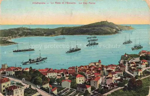 AK / Ansichtskarte Villefranche-sur-Mer NICE 06 Alpes-Maritimes Rade Escadre Cap-Ferrat Kriegsschiffe Bucht Stadtansicht Palmen handkoloriert