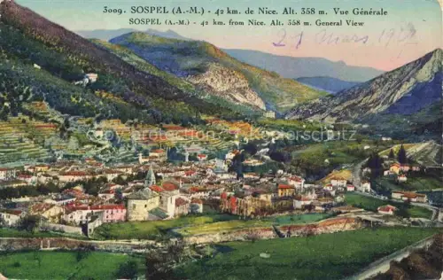 AK / Ansichtskarte Sospel Nice 06 Alpes-Maritimes Vue-Générale Tal Berge Terrassen Stadtansicht Kirche handkoloriert
