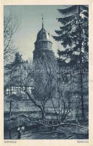 AK / Ansichtskarte Aschen Diepholz Schloss Schlossturm Baeume Tannen Winter Fachwerkhaus