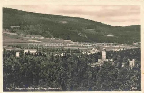 AK / Ansichtskarte Platz Misto Erzgebirge Chomutov CZ Margaretenheim Burg-Hassenstein Erzgebirge Burgturm Wald Tal Wiesen