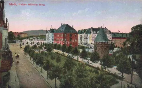 AK / Ansichtskarte METZ  57 Moselle Kaiser-Wilhelm-Ring Boulevard Baeume Turm Gruenderzeitgebaeude Strassenszene