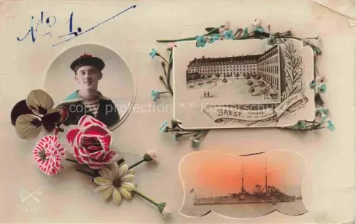 AK / Ansichtskarte BREST 29 Finistere Caserne-de-la-Flotte Matrose Marine Schlachtschiff Kaserne Blumen handkoloriert Portraet