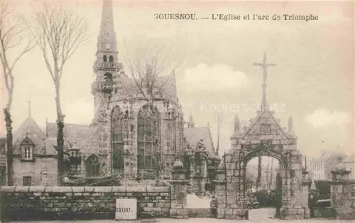 AK / Ansichtskarte Gouesnou BREST 29 Finistere Eglise Arc-de-Triomphe Kirchturm Grabkreuz Friedhofsmauer Baeume
