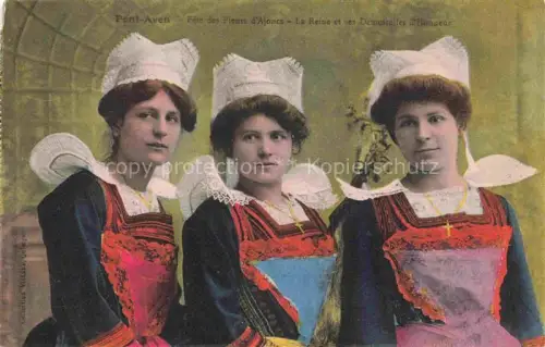 AK / Ansichtskarte Pont-Aven Quimper 29 Finistere Fête-des-Fleurs-d Ajoncs Reine Demoiselles-d Honneur Tracht Haube Bretonisch Handkoloriert