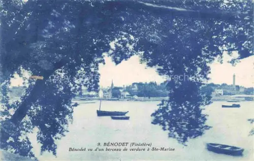 AK / Ansichtskarte Benodet Quimper 29 Finistere Fluss-Odet Boote Baumrahmen Kirche Leuchtturm Ste-Marine Ufer