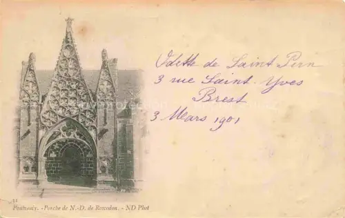 AK / Ansichtskarte Pont-Croix Pontcroix Quimper 29 Finistere Porche Notre-Dame-de-Roscodon gotisches-Portal Rosette Kirchenportal Spitzbogen