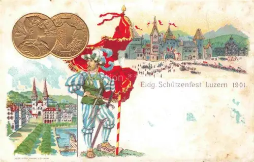 AK / Ansichtskarte LUZERN  LU Schuetzenfest Eidgenoessisch Schuetze Fahne Medaillen Festgelaende Altstadt Reuss Kirche