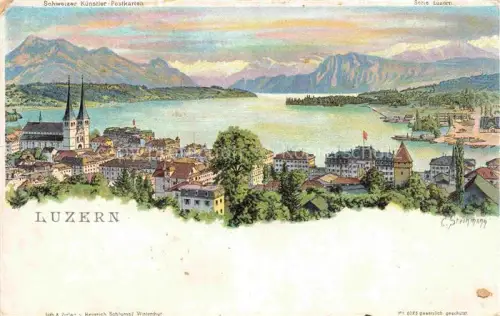 AK / Ansichtskarte LUZERN  LU Vierwaldstaettersee Altstadt Kirchtuerme Berge Seeufer Schloss Lithographie Panorama