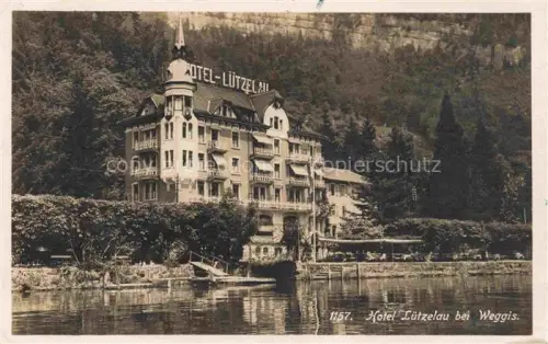 AK / Ansichtskarte Weggis Vierwaldstaettersee LU Hotel-Luetzelau Seeufer Vierwaldstaettersee Felsen Steg Jugendstil Garten-Restaurant