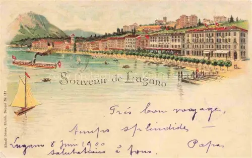 AK / Ansichtskarte LUGANO Lago di Lugano TI Souvenir-de-Lugano Seepromenade Dampfschiff Segelboot Hotels Baeume Lithographie