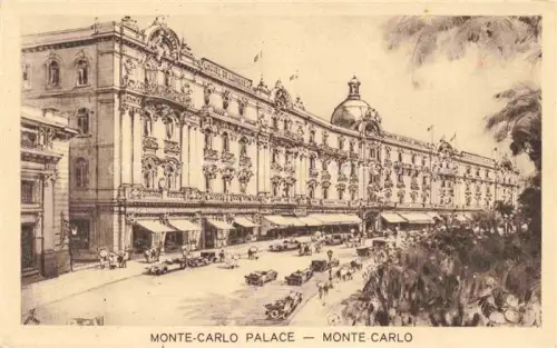 AK / Ansichtskarte MONTE-CARLO MONACO Monte-Carlo-Palace Hotel-de-Londres Fassade Autos Palmen Strassenszene Zeichnung