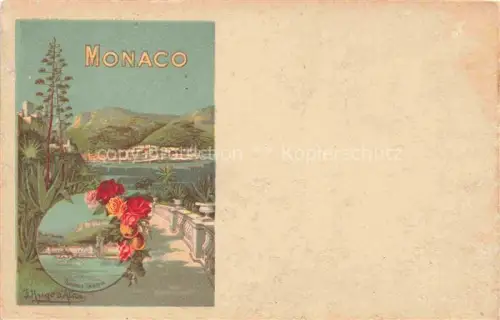 AK / Ansichtskarte MONACO Hafen Berge Rosen Agave Terrasse Lithographie Medaillon