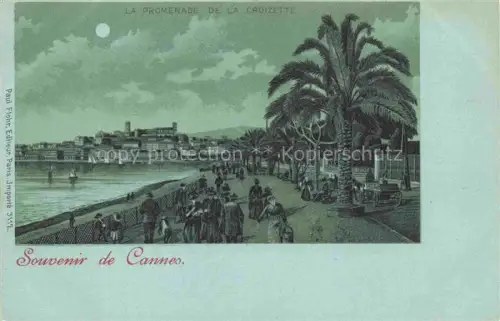 AK / Ansichtskarte CANNES 06 Alpes-Maritimes Promenade-de-la-Croizette Palmen Mondlicht Meer Passanten Segelboote Lithographie