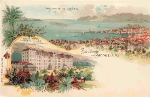 AK / Ansichtskarte CANNES 06 Alpes-Maritimes Grand-Hôtel-Prince-de-Galles Riviera-Palace Stadtpanorama Hafen Bucht Palmen Lithographie