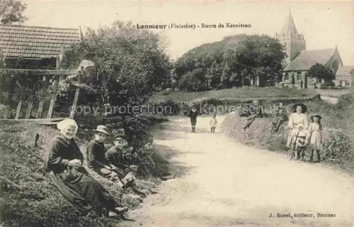 AK / Ansichtskarte Lanmeur Morlaix 29 Finistere Route-de-Kernitron Kirchturm Bretonische-Tracht Kinder Landweg Baeume