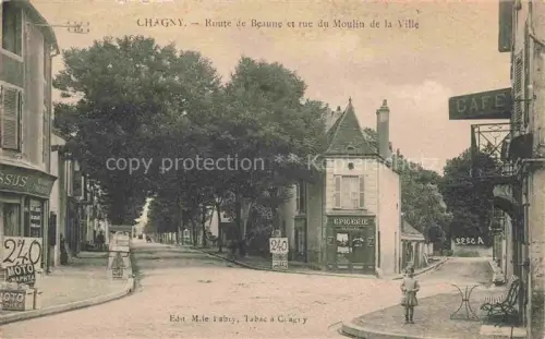 AK / Ansichtskarte Chagny Chalon-sur-Saone 71 Saone-et-Loire Route-de-Beaune Rue-du-Moulin-de-la-Ville Epicerie Café Moto-Naphta Strassenszene Allee