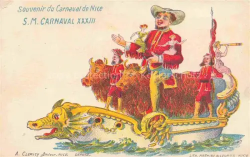 AK / Ansichtskarte NICE   Nizza 06 Alpes-Maritimes Carnaval Karneval Festwagen Ochsen Kostuem Figuren Lithographie