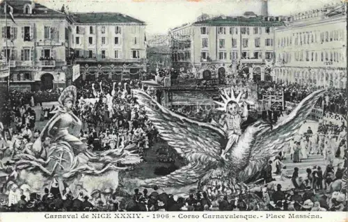 AK / Ansichtskarte NICE   Nizza 06 Alpes-Maritimes Carnaval Corso-Carnavalesque Place-Masséna Festwagen Adler Figuren Menschenmenge