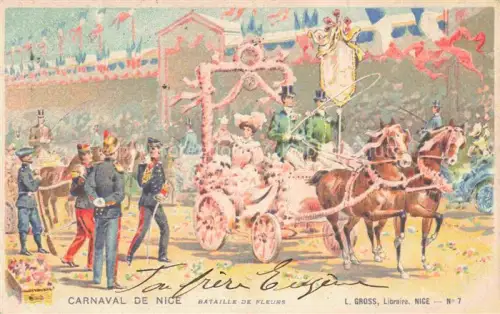 AK / Ansichtskarte NICE   Nizza 06 Alpes-Maritimes Carnaval Bataille-de-Fleurs Kutsche Pferde Soldaten Blumen Festzug handkoloriert