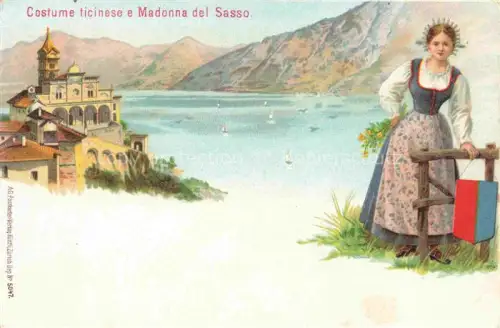 AK / Ansichtskarte Madonna del Sasso Locarno TI Madonna-del-Sasso Wallfahrtskirche Lago-Maggiore Tessiner-Tracht Frau Berge