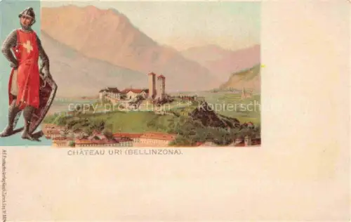 AK / Ansichtskarte BELLINZONA TI Chateau-Uri Castelgrande Burg Ritter Schweizer-Kreuz Berge Tal Panorama