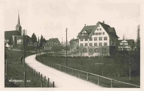 AK / Ansichtskarte Moerschwil Rorschach SG Kirche Schulhaus Strasse Baeume Dorfansicht