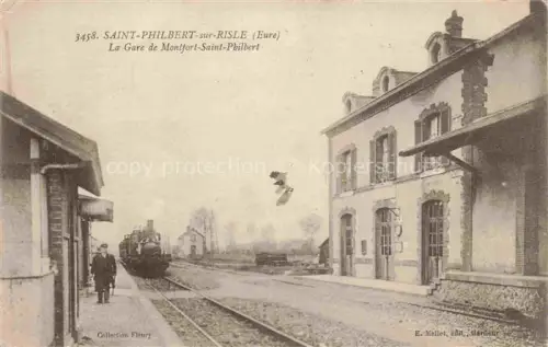 AK / Ansichtskarte Saint-Philbert-sur-Risle Gare-de-Montfort-Saint-Philbert Bahnhof Dampflokomotive Gleis Bahnsteig Bahnhofsgebaeude