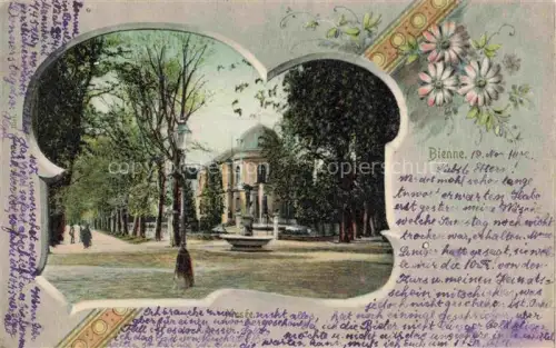 AK / Ansichtskarte Biel Bienne BE Park Brunnen Allee Kuppelbau Baeume Passanten handkoloriert