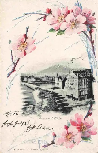 AK / Ansichtskarte LUZERN  LU Pilatus Vierwaldstaettersee Bruecke Stadtansicht Bergpanorama Kirchtuerme Kirschblueten