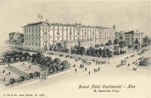 AK / Ansichtskarte NICE   Nizza 06 Alpes-Maritimes Grand-Hôtel-Continental Hotel Palmen Park Promenade Pferdekarren Illustration Lithographie Flagge
