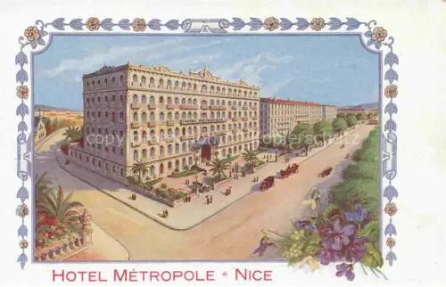 AK / Ansichtskarte NICE   Nizza 06 Alpes-Maritimes Hotel-Métropole Hotel Palmen Promenade Pferdekarren Blumenrahmen Illustration koloriert