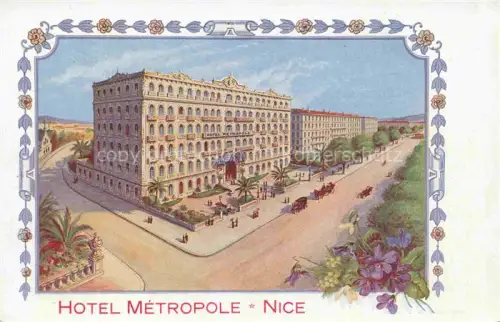 AK / Ansichtskarte NICE   Nizza 06 Alpes-Maritimes Hotel-Métropole Hotel Palmen Promenade Pferdekarren Blumenrahmen Illustration koloriert