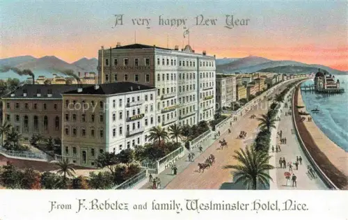 AK / Ansichtskarte NICE   Nizza 06 Alpes-Maritimes Westminster-Hotel Promenade-des-Anglais Palmen Kutsche Meer Panorama Neujahrsgruss koloriert Illustration