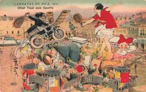 AK / Ansichtskarte NICE   Nizza 06 Alpes-Maritimes Carnaval Char-Tout-aux-Sports Faschingsumzug Tennis Motorrad Festwagen Figuren koloriert