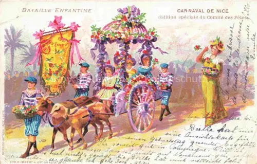 AK / Ansichtskarte NICE   Nizza 06 Alpes-Maritimes Carnaval Bataille-Enfantine Festwagen Ochsen Kinder Blumenschmuck Kostueme Fahnen koloriert