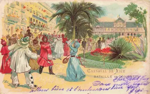 AK / Ansichtskarte NICE   Nizza 06 Alpes-Maritimes Carnaval Bataille-de-Confetti Hotel-de-France Kostueme Clown Palmen Festplatz koloriert Lithographie