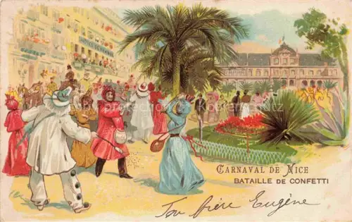 AK / Ansichtskarte NICE   Nizza 06 Alpes-Maritimes Carnaval Bataille-de-Confetti Hotel-de-France Kostueme Clown Palmen Festplatz koloriert Lithographie